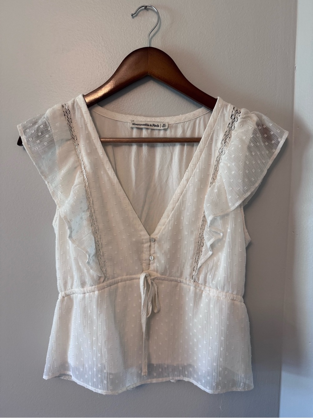 Abercrombie & Fitch Ivory White Swiss Dot V-Neck Ruffle Sleeve Peplum Top